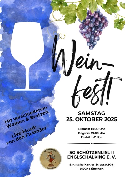Weinfest am 25.10.2025. Verschieden Weine und Brotzeitbrettl. Eintritt vorab 12€. Limitierte Anzahl von Karten. Click auf das Bild verweist auf das gleiche Bild in Groß